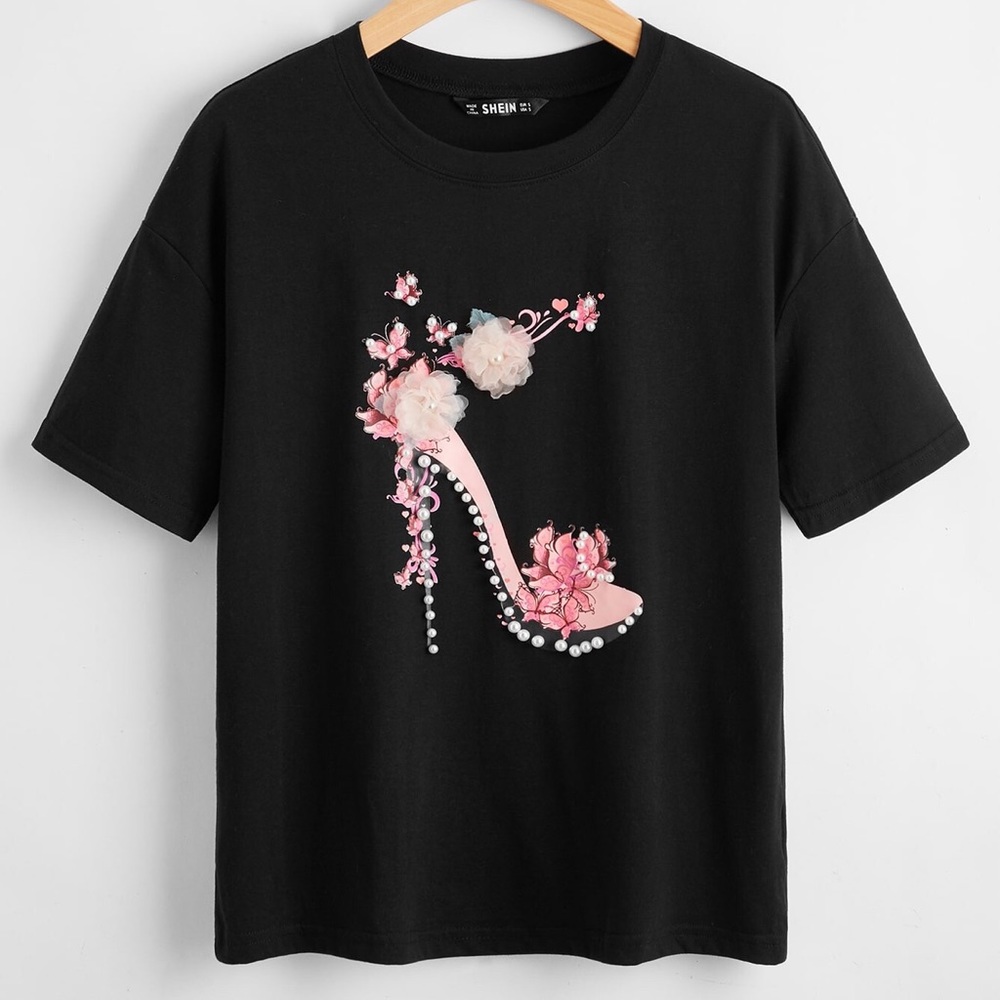 SHEIN Black & Pink High Heel print w/pearl detail.